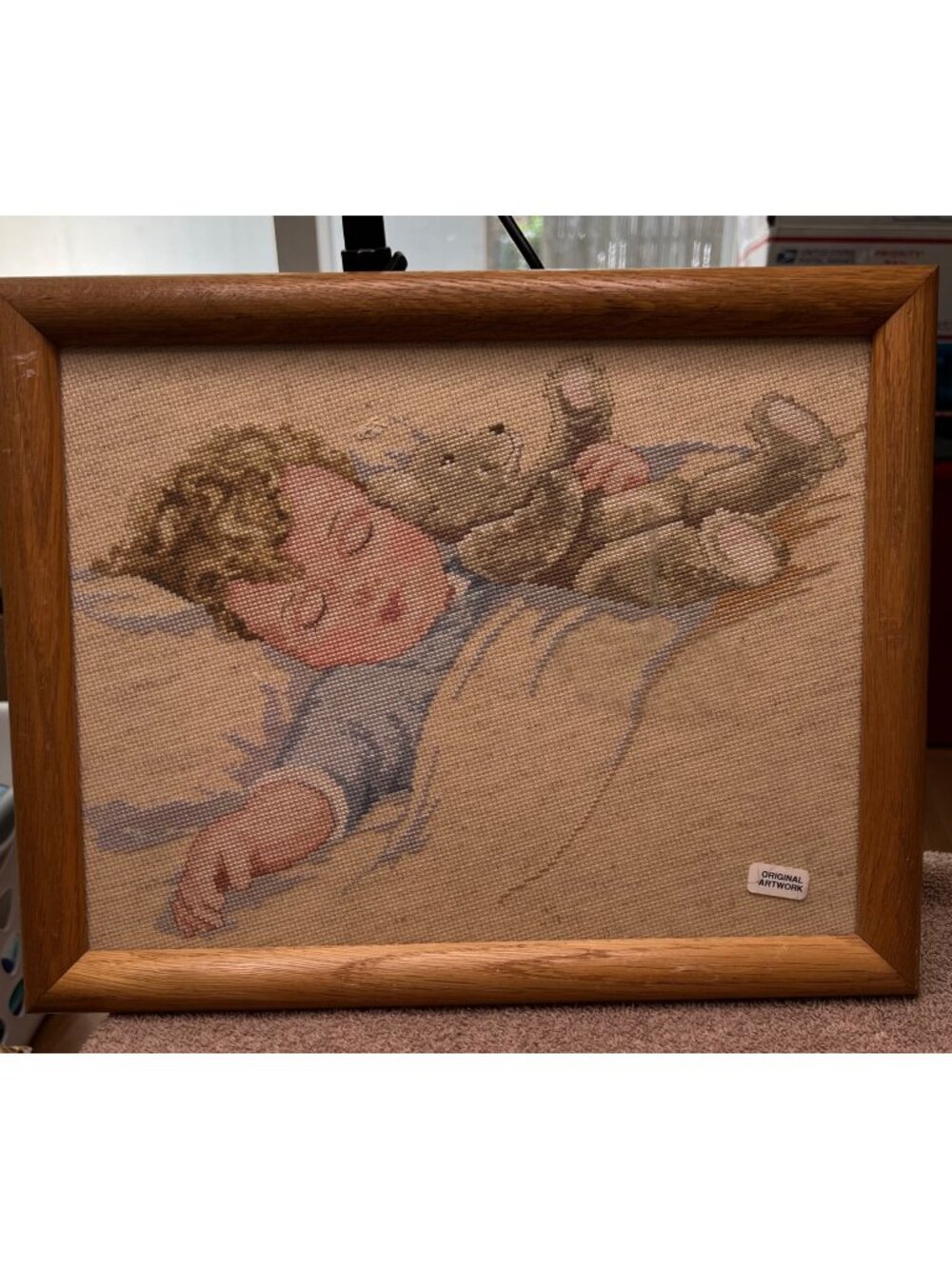 Vintage Needlepoint Sleeping Child Teddy Bear Wall Art Oak Frame Handmade Nurser